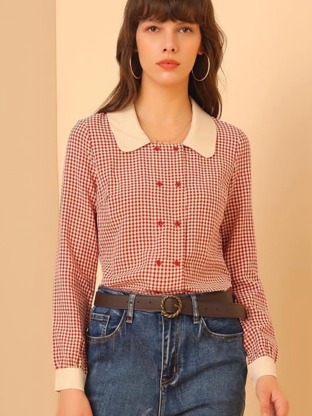 Allegra K Red Gingham Blouse Peter Pan Collar Plaid Top Size Small